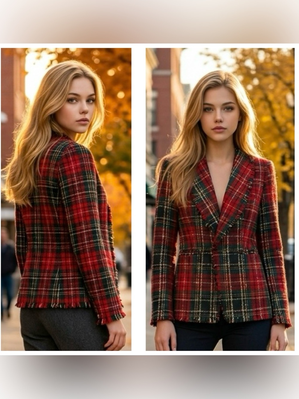 Rachel Zoe Women’s Sz XS Tweed tartan Red/ Green Plaid fray hems Tailored Blazer